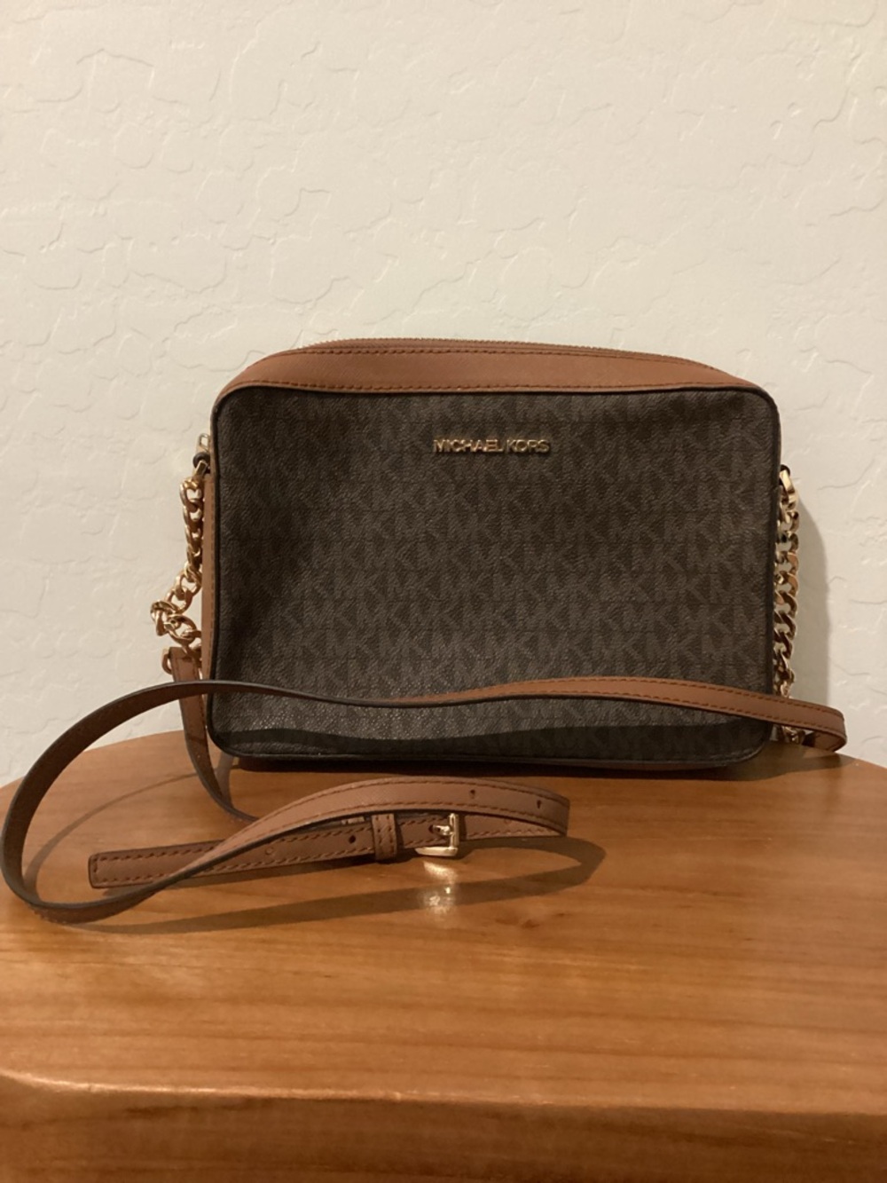 Michael Kors Brown and Tan Logo Crossbody with Gold Hardware